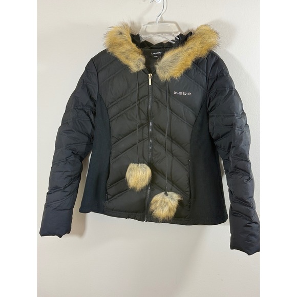 Bebe Jackets & Blazers - Bebe Women XL Black Puffer Jacket Faux Fur Hood Quilted Rhinestone Y2K Coat